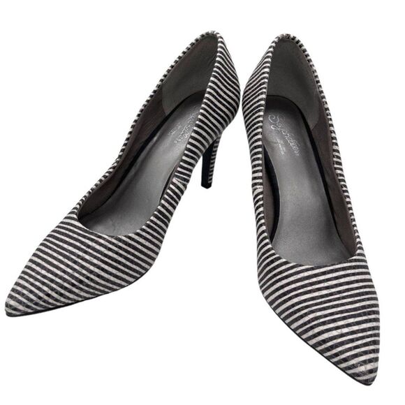 Seychelles Black & White Stripe Heels Rubber Sole Pointed Toe - Picture 9 of 9